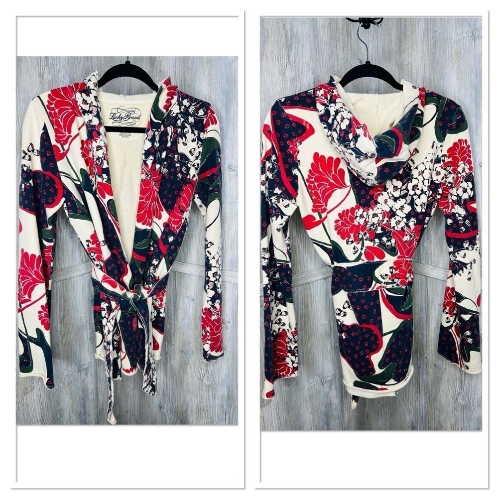 Lucky Brand Cream Hooded Floral Tie-Front Cardigan with Red and Green
